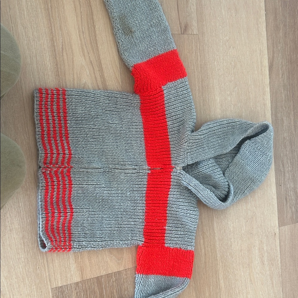 Handknit Gray & Red Striped Hooded Cardigan
